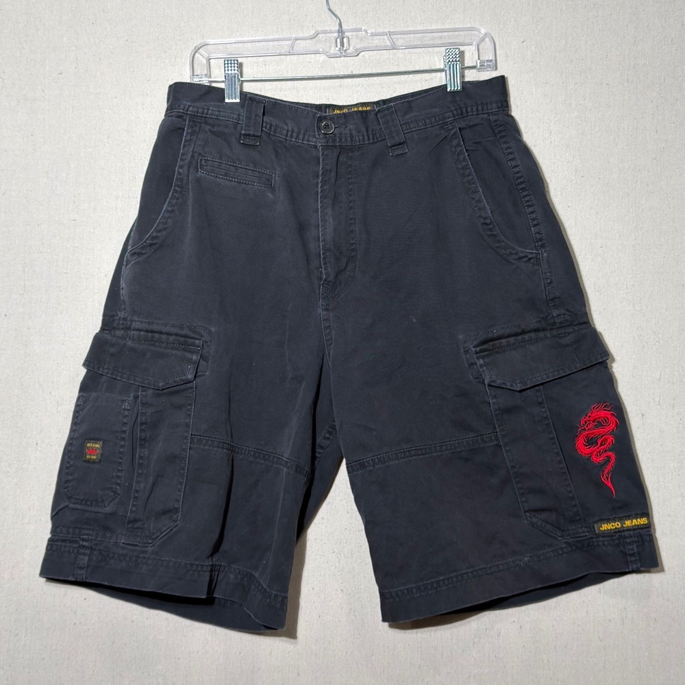 JNCO Cargo Shorts Mens 32 Black Dragon Embroidered Y2K Streetwear Skater